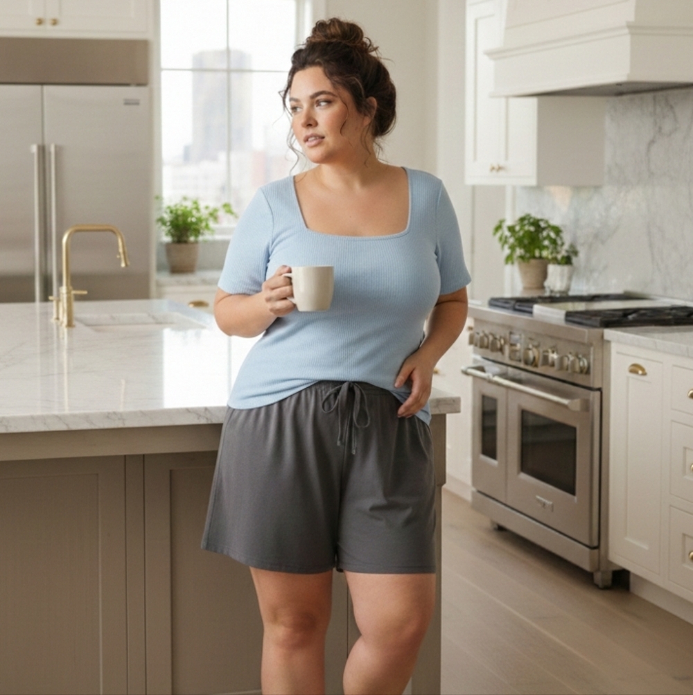 Blue Short Sleeve Shirt Ribbed Square Neck Curvy Plus size 3X Top Stretch Comfy